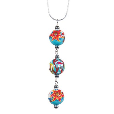CORAL REEF TRIPLE BEAD PENDANT NECKLACE by Angela Moore - Hand Painted Beads, 18" Silver Chain