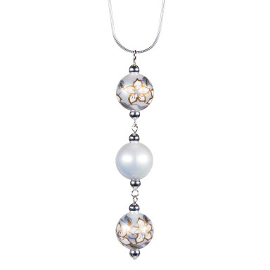 WEDDING BELLS TRIPLE BEAD PENDANT NECKLACE by Angela Moore - Hand Painted Beads, 18" Silver Chain