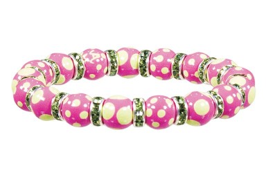 DRAMA DOTS PINK/GREEN PETITE BRACELET- PERIDOT SWAROVSKI CRYSTALS by Angela Moore - Hand Painted, Beaded Bracelet