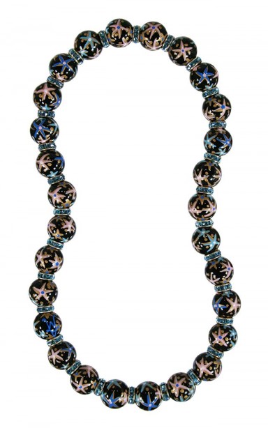 STARFISH BLACK CLASSIC NECKLACE - AQUAMARINE SWAROVSKI CRYSTALS by Angela Moore - Hand Painted, Beaded Necklace