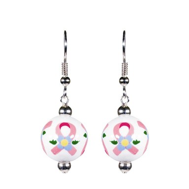 PINK RIBBON CLASSIC BEAD EARRINGS - SILVER by Angela Moore - Hand Painted Earrings