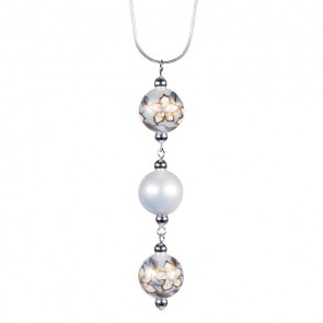 WEDDING BELLS TRIPLE BEAD PENDANT NECKLACE by Angela Moore - Hand Painted Beads, 18" Silver Chain