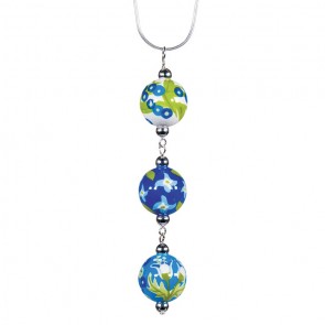 SUMMERTIME BLUES TRIPLE BEAD PENDANT NECKLACE by Angela Moore - Hand Painted Beads, 18" Silver Chain