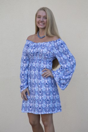 CARLY DRESS - CORAL SHELLS BLUE