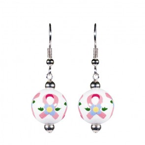 PINK RIBBON CLASSIC BEAD EARRINGS - SILVER by Angela Moore - Hand Painted Earrings