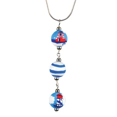 LIGHTHOUSE LANE TRIPLE BEAD PENDANT NECKLACE by Angela Moore - Hand Painted Beads, 18" Silver Chain