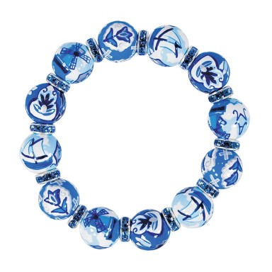 DELFT DELIGHT BLUE CLASSIC BRACELET - CLEAR SWAROVSKI CRYSTALS by Angela Moore - Hand Painted, Beaded Bracelets