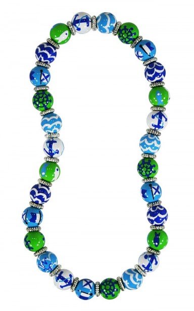NAUTICAL BREEZE BLUE GREEN CLASSIC NECKLACE - SILVER by Angela Moore - Hand Painted, Beaded Necklace