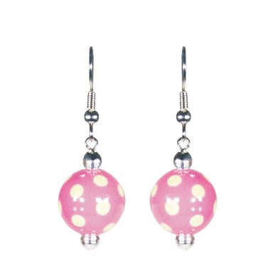 DRAMA DOTS PINK/GREEN CLASSIC BEAD EARRINGS - SILVER by Angela Moore - Hand Painted Earrings