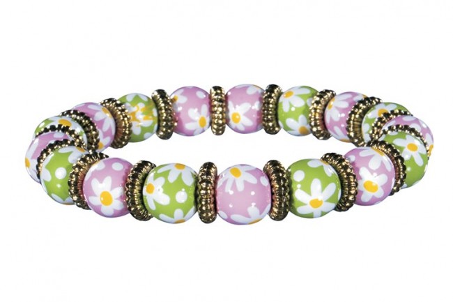 PINEAPPLE PATCH PINK/GREEN RELAXED FIT BRACELET - CLEAR SWAROVSKI CRYSTALS  by Angela Moore - Hand Painted Beaded Bracelet