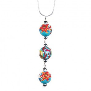 CORAL REEF TRIPLE BEAD PENDANT NECKLACE by Angela Moore - Hand Painted Beads, 18" Silver Chain