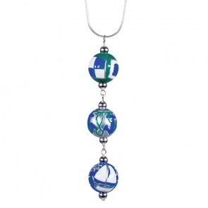 SAIL AWAY TRIPLE BEAD PENDANT NECKLACE by Angela Moore - Hand Painted Beads, 18" Silver Chain