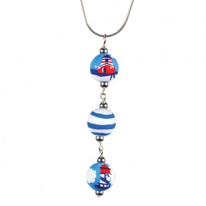 LIGHTHOUSE LANE TRIPLE BEAD PENDANT NECKLACE by Angela Moore - Hand Painted Beads, 18" Silver Chain