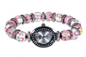 PINK RIBBON PETITE BEAD WATCH - SILVER by Angela Moore - Hand Painted Beaded Watch