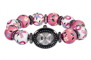 PINK RIBBON CLASSIC BEAD WATCH - SILVER by Angela Moore - Hand Painted Beaded Watch