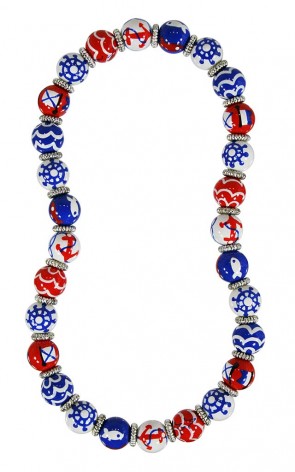 NAUTICAL BREEZE RED BLUE CLASSIC NECKLACE - SILVER by Angela Moore - Hand Painted, Beaded Necklace