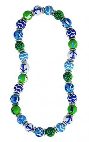 NAUTICAL BREEZE BLUE GREEN CLASSIC NECKLACE - SILVER by Angela Moore - Hand Painted, Beaded Necklace